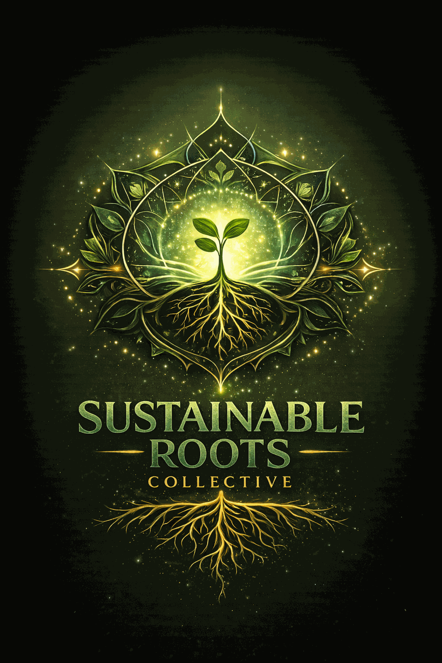 Glowing Sustainable Roots Collective artwork showing a sprout with roots