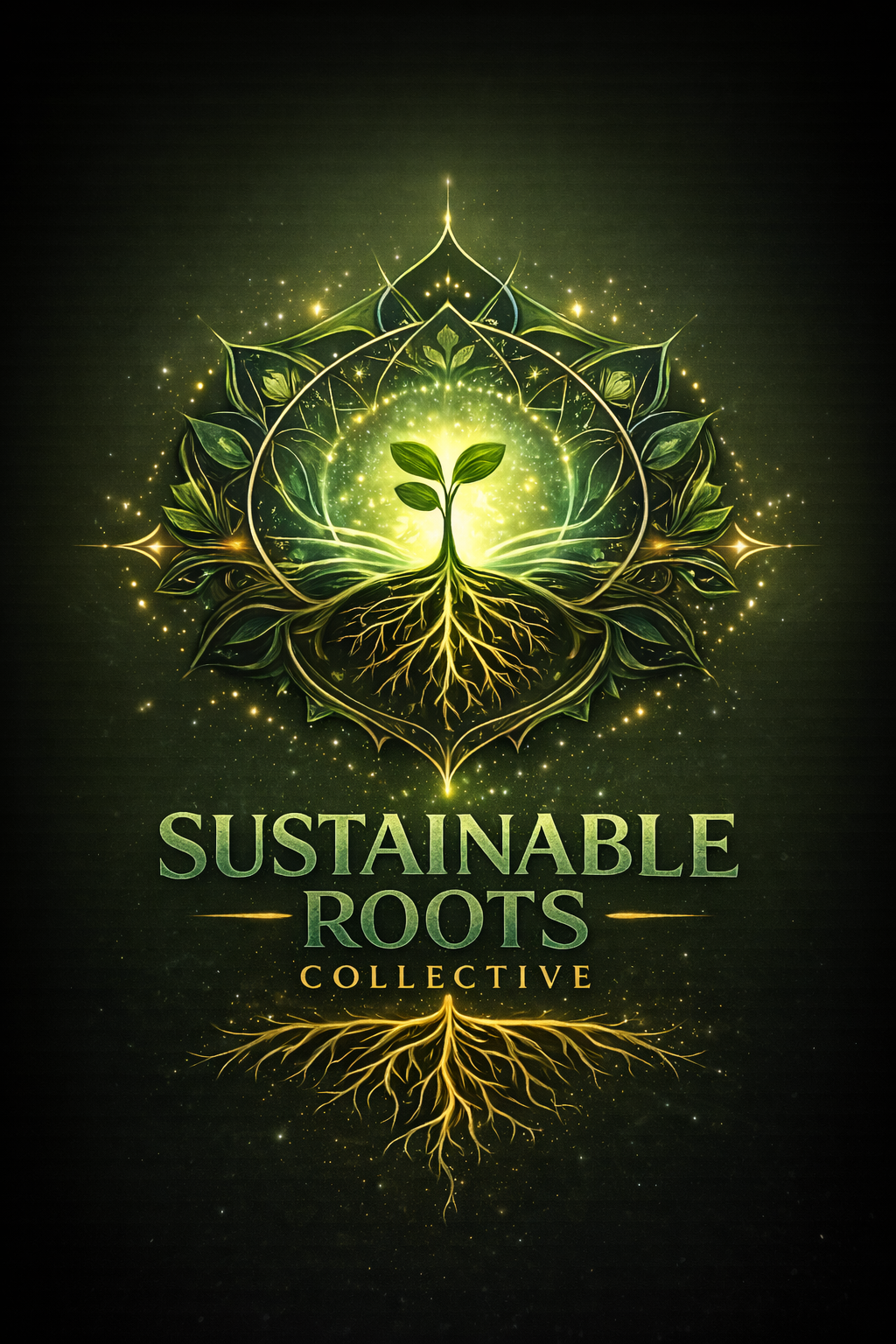 Glowing Sustainable Roots Collective artwork showing a sprout with roots